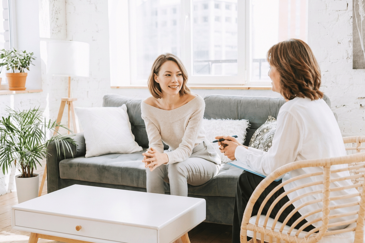 A representative image of a Blu Ripples career consulting session, with a nationally registered career education and development specialist speaking with a client in a bright, warm, and welcoming room.