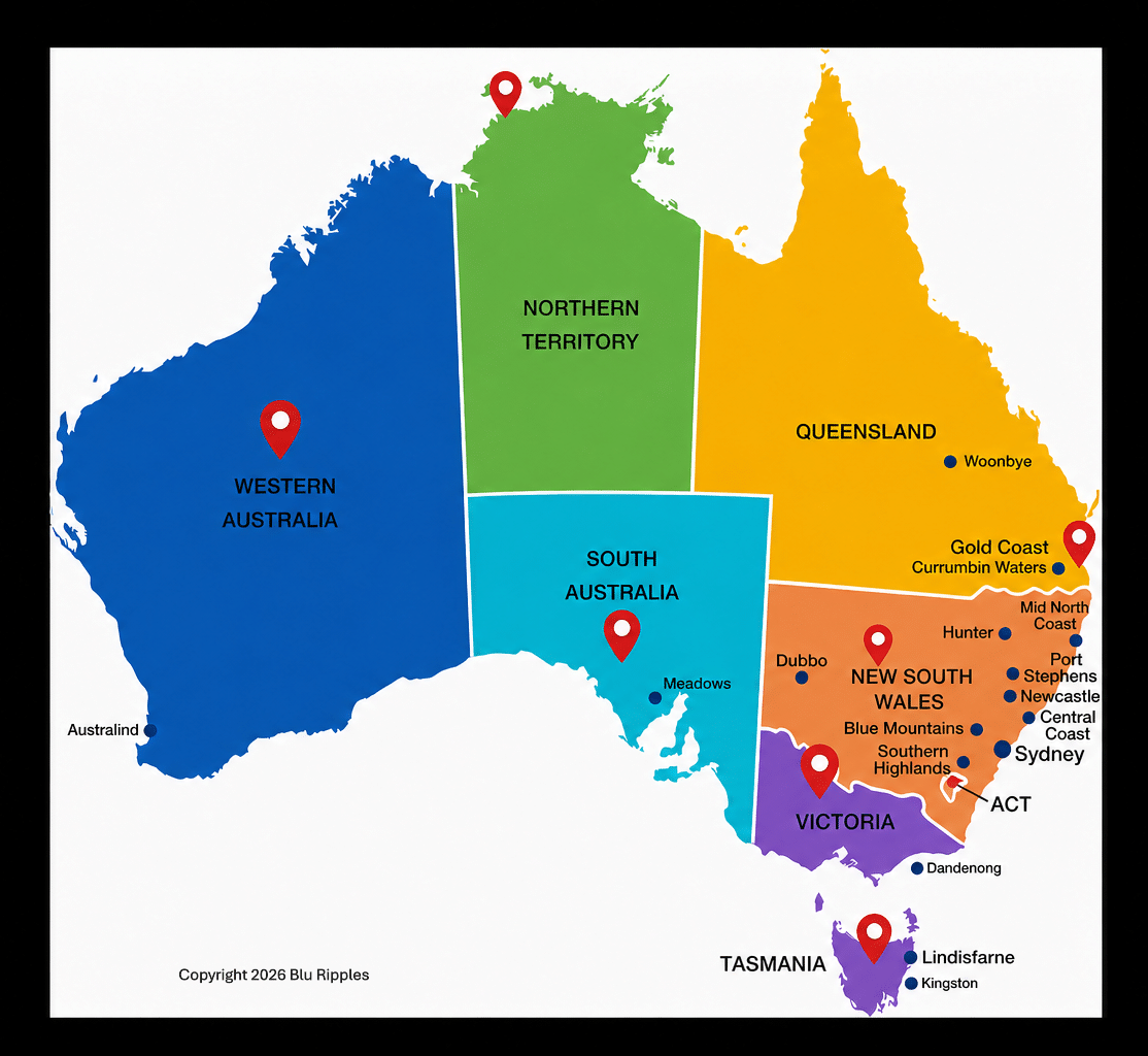 A representative snapshot of regional hubs, coastal towns, and capital cities where Blu Ripples® has delivered Career Counselling, Career Consulting, Psychometric Assessment, Career Planning, Career Reports, PEAP Services, Outplacement support, Personal Counselling, and Self-Care Counselling Services.