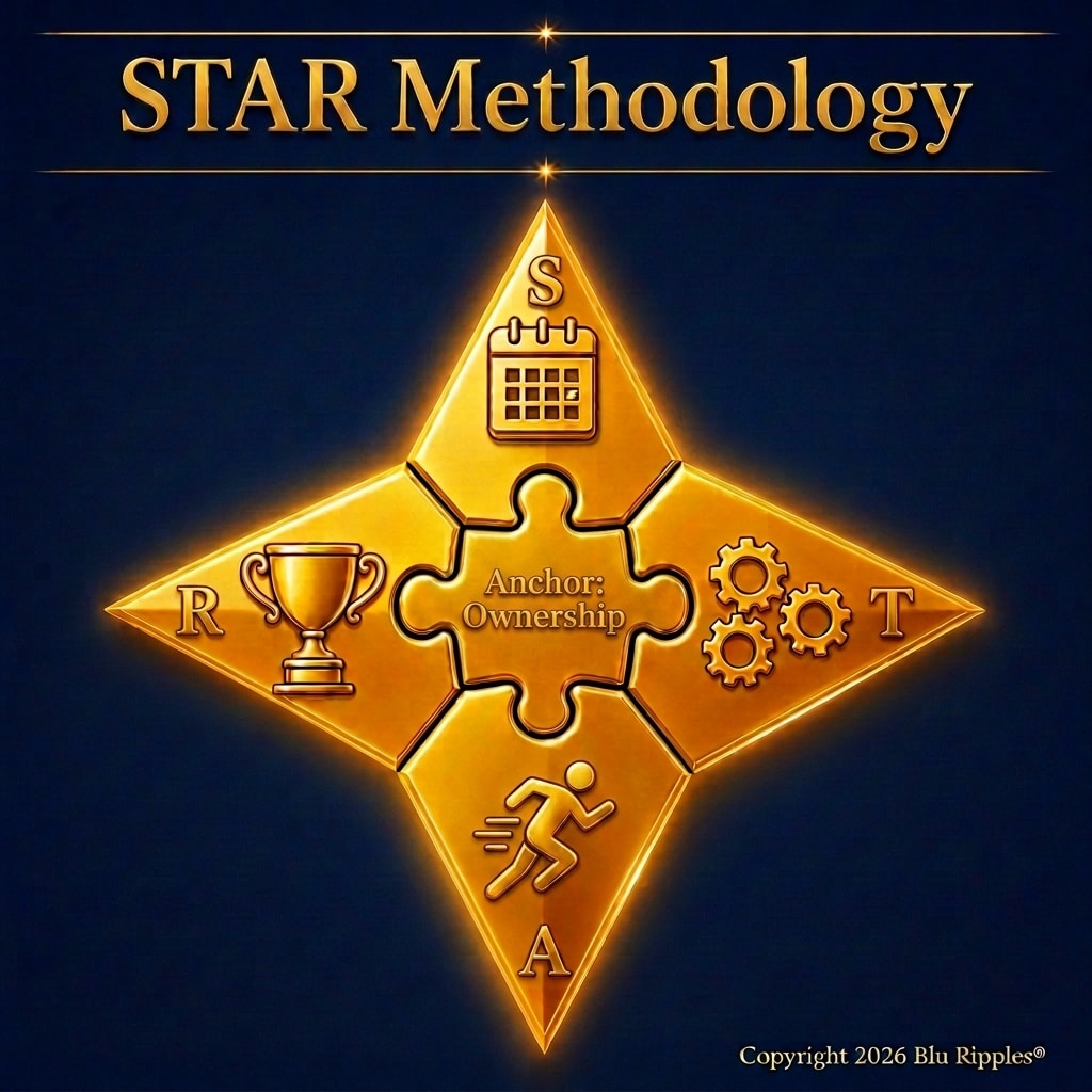 STAR Methodology diagram featuring an interlocking golden puzzle star showing Situation, Task, Action, and Result with a central Anchor Ownership piece. Demonstrates how the STAR methodology is applied across all Career Consulting Services including Selection Criteria, Key Capability Frameworks, and Cover Letters.