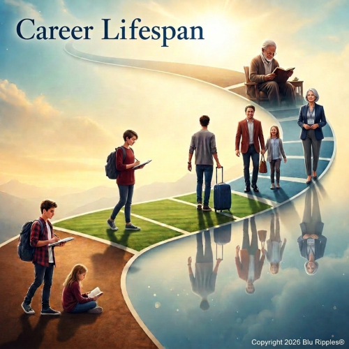 A conceptual illustration titled "Career Lifespan," showing diverse individuals at different career stages—from emerging students exploring the world of work, to established and mid-career professionals developing, managing, and transitioning their careers, to late-career professionals advancing to disengagement/retirement.