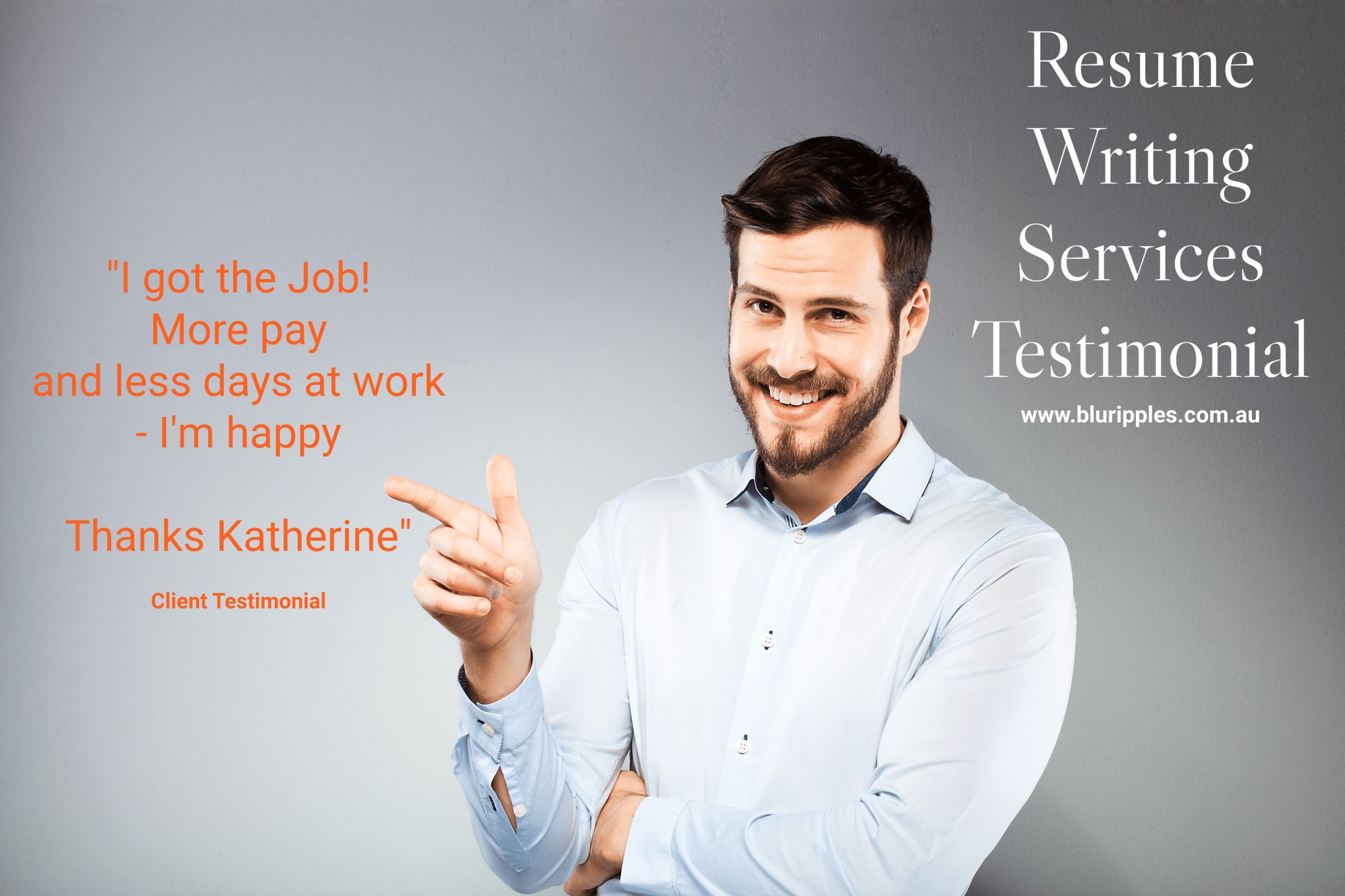 Blu Ripples Resume Writing Service Client celebrates employment application success - new job with better pay and fewer days. Blu Ripples Resumes will help elevate your employment prospects